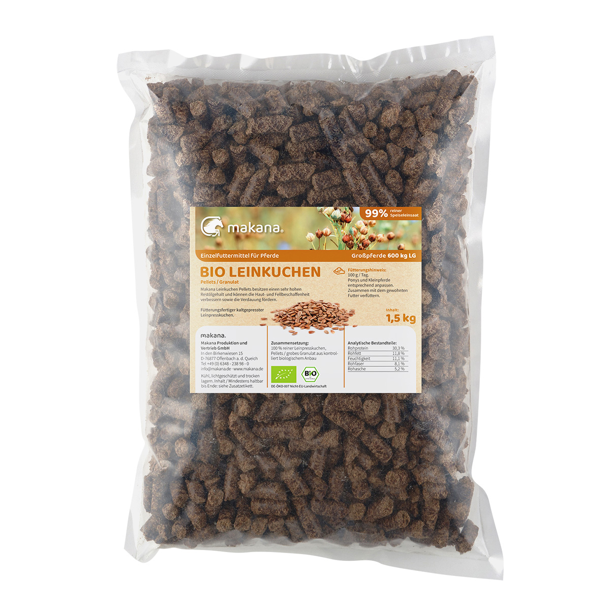 Makana BIO Leinkuchen Pellets (Granulat) für Tiere, 1,5 kg Beutel