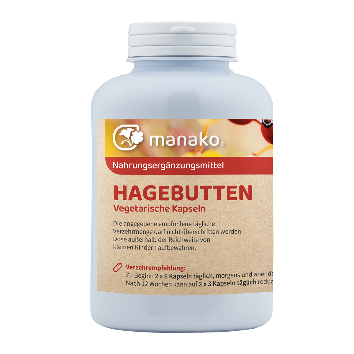 manako Hagebutten vegetarische Kapseln, 300 Stück a 500 mg, Dose a 180 g